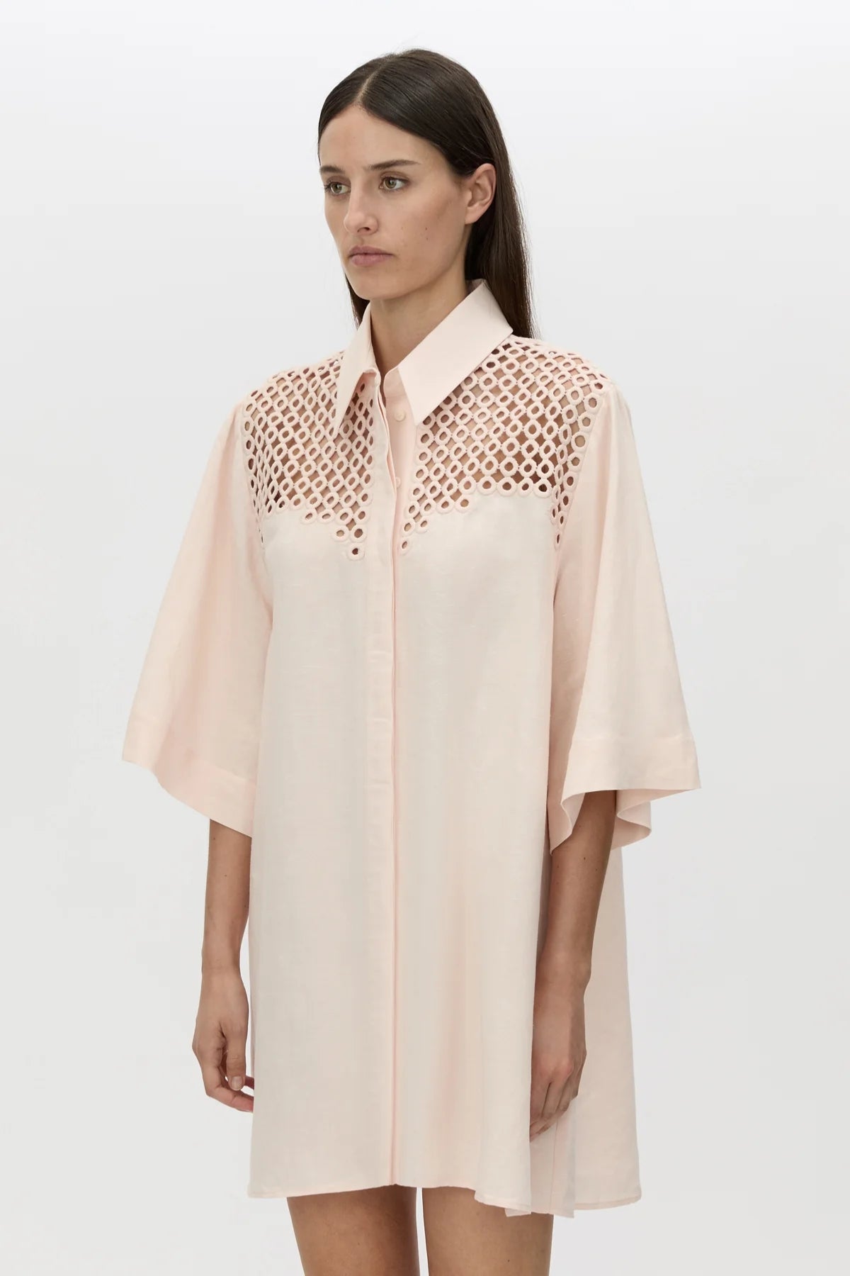 Lolani Dress Soft Pink by Camilla and Marc, linen-blend mini with circular embroidery and relaxed fit, a trendy piece perfect for travel or warm days.