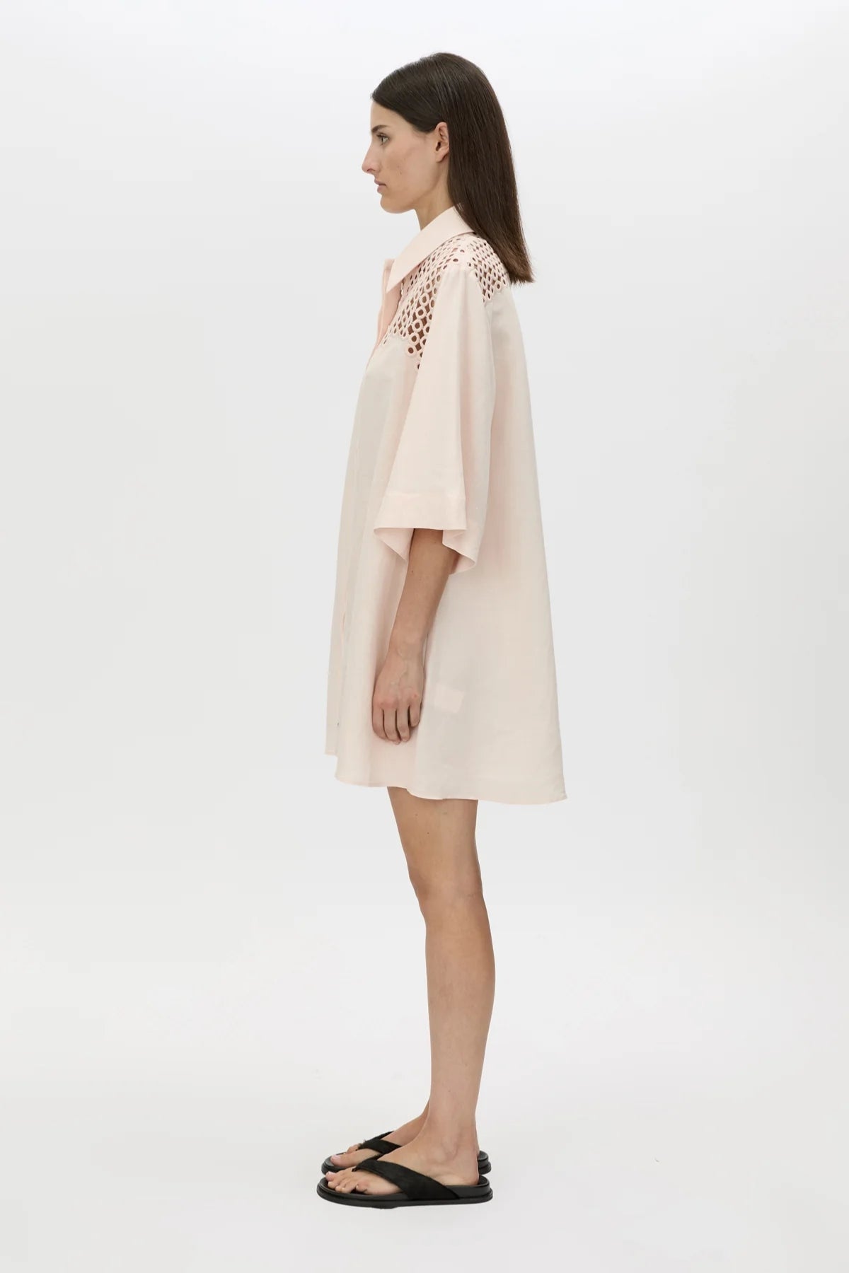 Lolani Dress Soft Pink by Camilla and Marc, linen-blend mini with circular embroidery and relaxed fit, a trendy piece perfect for travel or warm days.