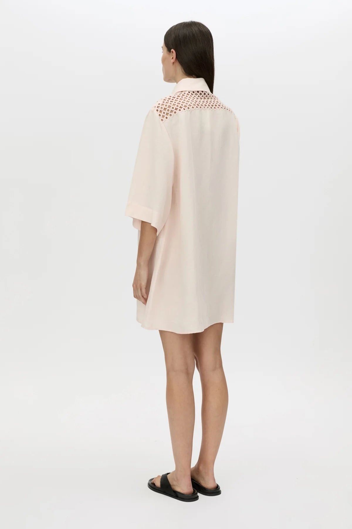 Lolani Dress Soft Pink by Camilla and Marc, linen-blend mini with circular embroidery and relaxed fit, a trendy piece perfect for travel or warm days.