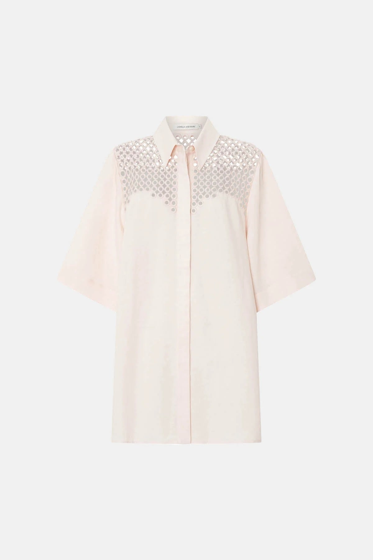 Lolani Dress Soft Pink by Camilla and Marc, linen-blend mini with circular embroidery and relaxed fit, a trendy piece perfect for travel or warm days.