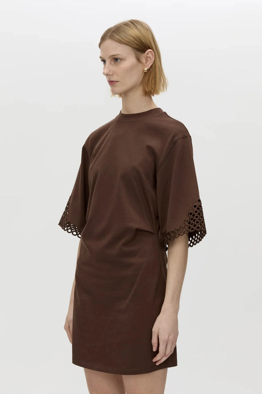 Lolani Mini Tee Dress Chocolate by Camilla and Marc, cotton mini with signature embroidery and relaxed fit, a trendy piece perfect for travel or warm days.