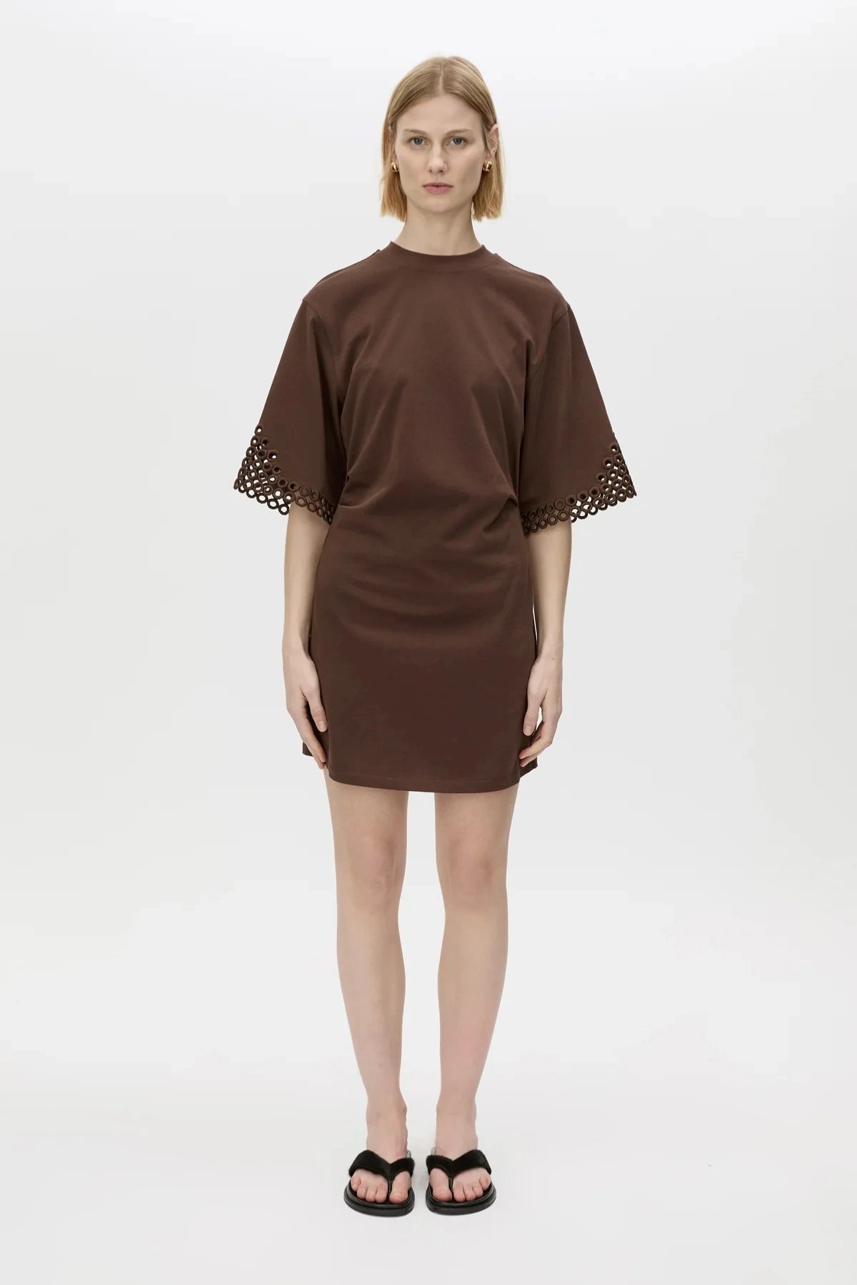 Lolani Mini Tee Dress Chocolate by Camilla and Marc, cotton mini with signature embroidery and relaxed fit, a trendy piece perfect for travel or warm days.
