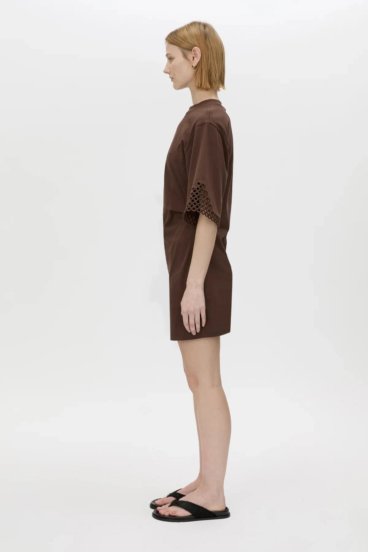 Lolani Mini Tee Dress Chocolate by Camilla and Marc, cotton mini with signature embroidery and relaxed fit, a trendy piece perfect for travel or warm days.