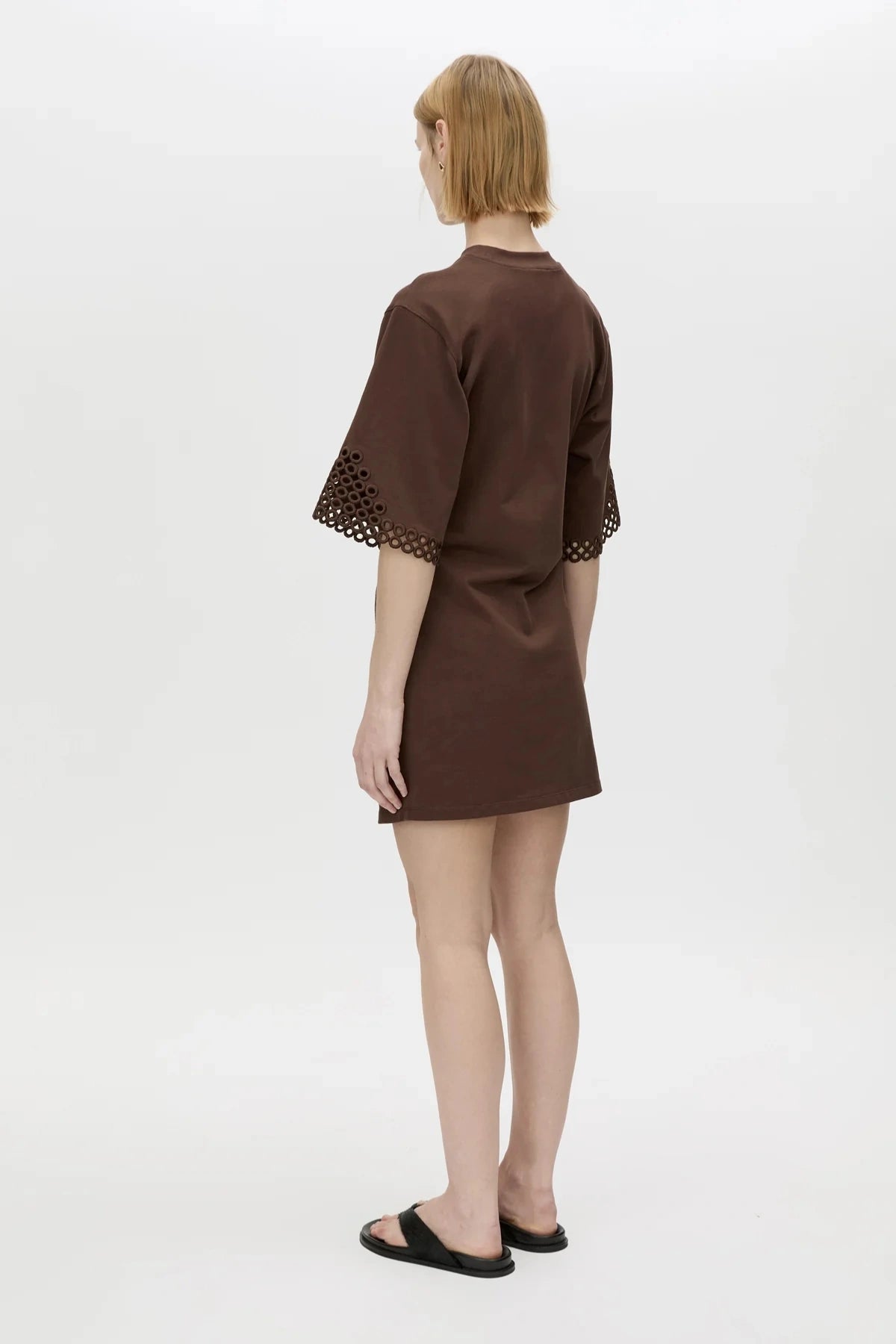 Lolani Mini Tee Dress Chocolate by Camilla and Marc, cotton mini with signature embroidery and relaxed fit, a trendy piece perfect for travel or warm days.