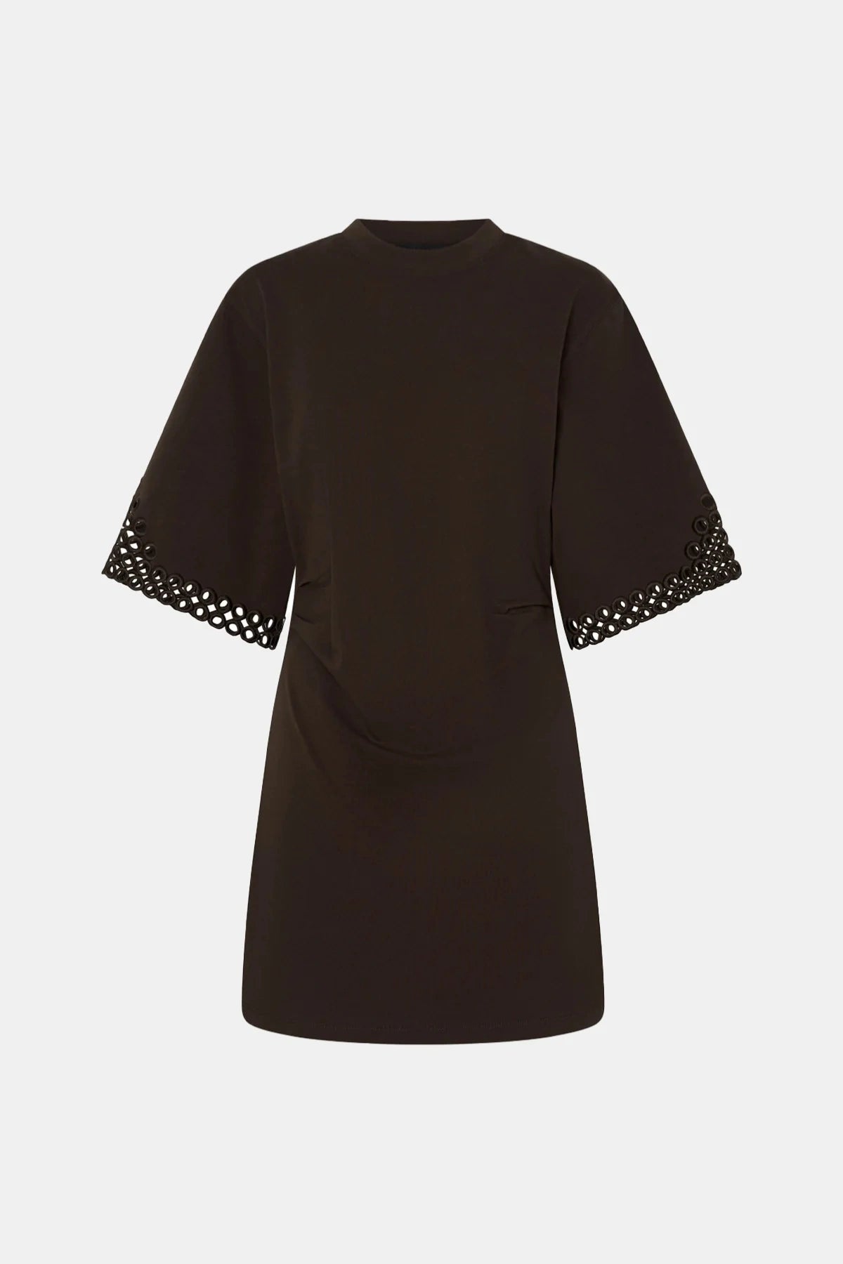 Lolani Mini Tee Dress Chocolate by Camilla and Marc, cotton mini with signature embroidery and relaxed fit, a trendy piece perfect for travel or warm days.