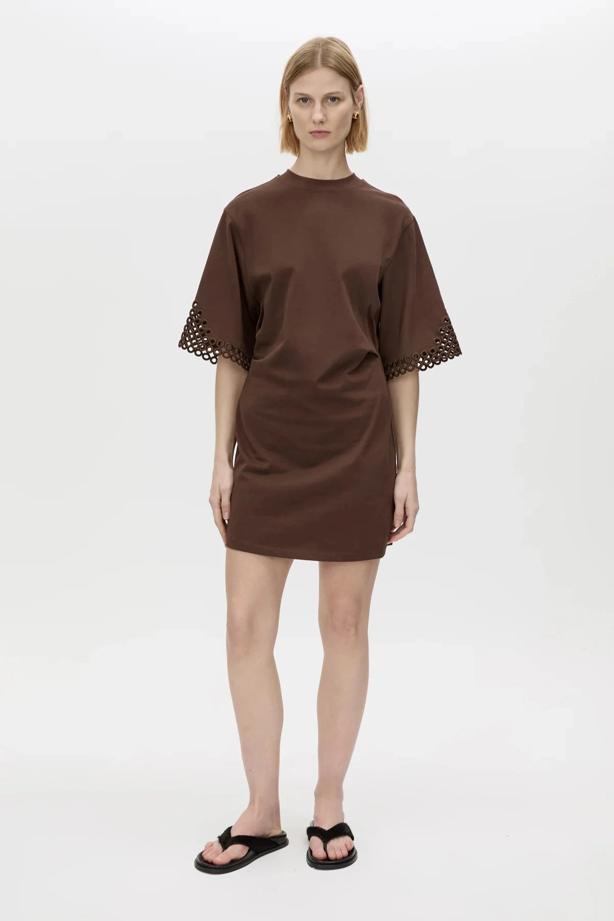 Lolani Mini Tee Dress Chocolate by Camilla and Marc, cotton mini with signature embroidery and relaxed fit, a trendy piece perfect for travel or warm days.