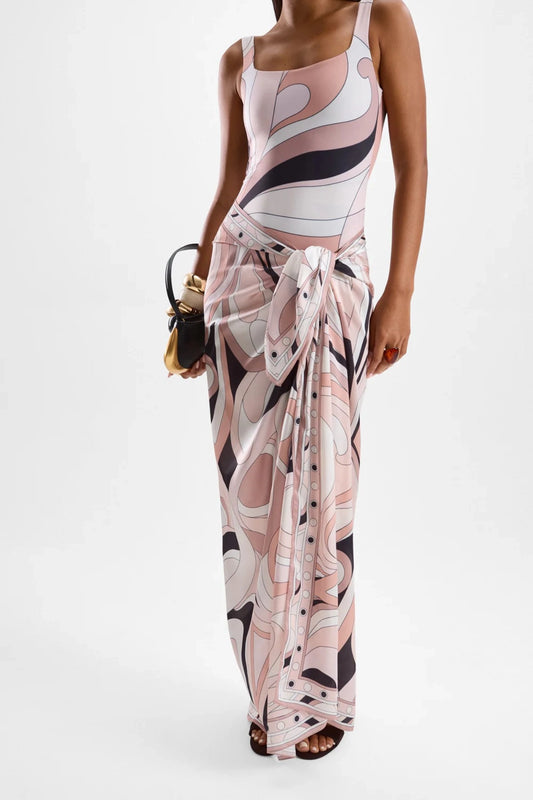Long Scarf by Cin Cin, a silky 100% polysatin scarf in Mars Beige print. Style as sarong or wrap. Perfect for elevated beachwear.