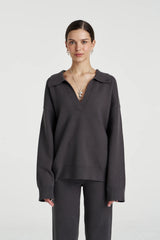 Long Sleeve Collared Knit Shadow by Summi Summi – relaxed organic cotton knit with sporty V-neck collar detail.
