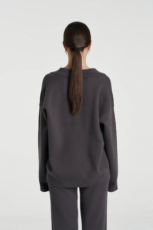 Long Sleeve Collared Knit Shadow by Summi Summi – relaxed organic cotton knit with sporty V-neck collar detail.