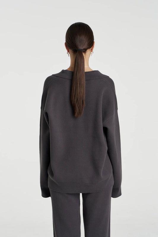 Long Sleeve Collared Knit Shadow by Summi Summi – relaxed organic cotton knit with sporty V-neck collar detail.