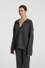 Long Sleeve Collared Knit Shadow by Summi Summi – relaxed organic cotton knit with sporty V-neck collar detail.