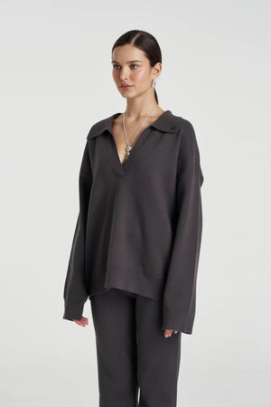 Long Sleeve Collared Knit Shadow by Summi Summi – relaxed organic cotton knit with sporty V-neck collar detail.
