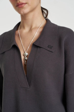 Long Sleeve Collared Knit Shadow by Summi Summi – relaxed organic cotton knit with sporty V-neck collar detail.