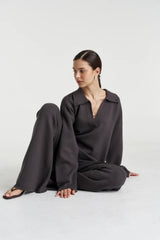 Long Sleeve Collared Knit Shadow by Summi Summi – relaxed organic cotton knit with sporty V-neck collar detail.