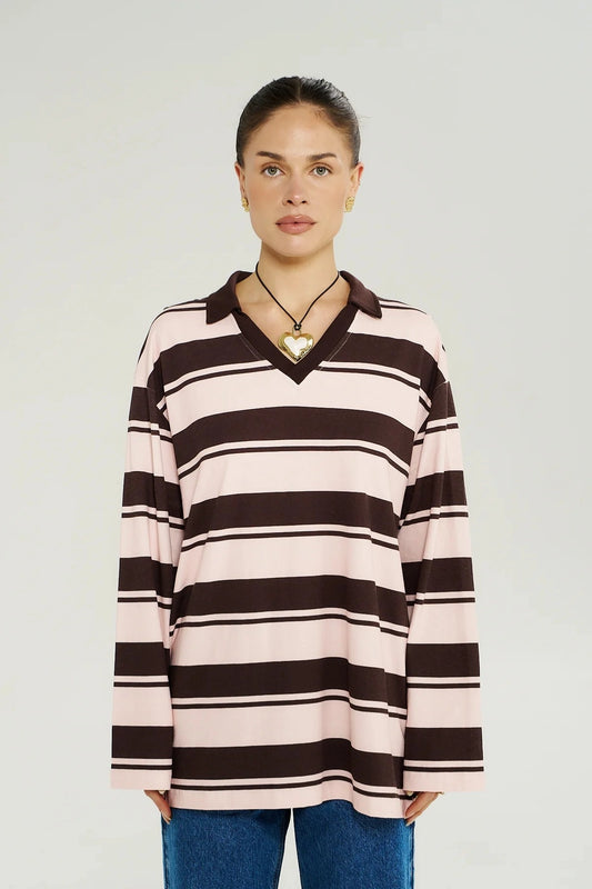Long Sleeve Polo Top Choc Rose Stripe by Summi Summi – relaxed striped cotton polo top with long sleeves.