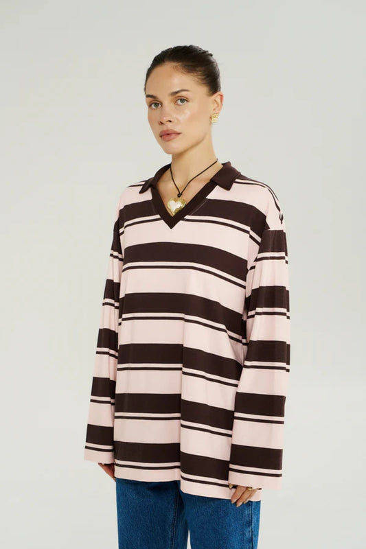 Long Sleeve Polo Top Choc Rose Stripe by Summi Summi – relaxed striped cotton polo top with long sleeves.