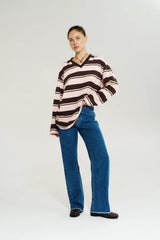 Long Sleeve Polo Top Choc Rose Stripe by Summi Summi – relaxed striped cotton polo top with long sleeves.