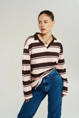 Long Sleeve Polo Top Choc Rose Stripe by Summi Summi – relaxed striped cotton polo top with long sleeves.