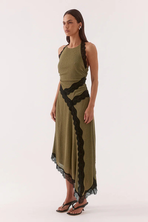 Loni Dress Olive by Sovere, halter mesh midi dress with lace trim and asymmetric hem for elegant events.