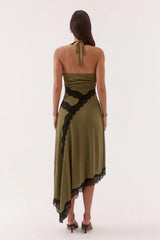 Loni Dress Olive by Sovere, halter mesh midi dress with lace trim and asymmetric hem for elegant events.