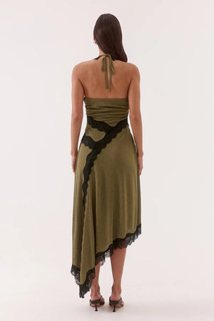 Loni Dress Olive by Sovere, halter mesh midi dress with lace trim and asymmetric hem for elegant events.