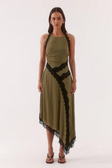 Loni Dress Olive by Sovere, halter mesh midi dress with lace trim and asymmetric hem for elegant events