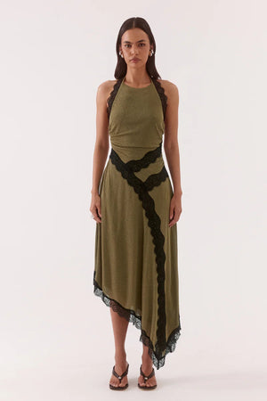 Loni Dress Olive by Sovere, halter mesh midi dress with lace trim and asymmetric hem for elegant events