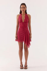 Loni Mini Dress Berry by Sovere, halter mesh mini dress with lace trim and fit and flare silhouette
