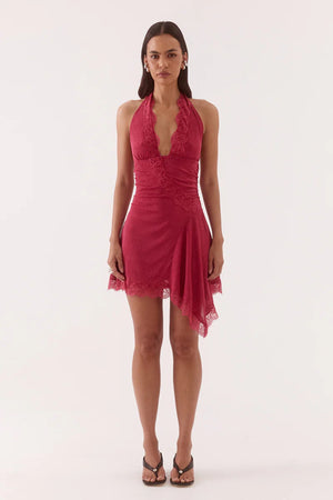 Loni Mini Dress Berry by Sovere, halter mesh mini dress with lace trim and fit and flare silhouette