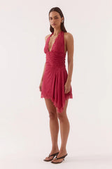 Loni Mini Dress Berry by Sovere, halter mesh mini dress with lace trim and fit and flare silhouette.