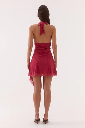 Loni Mini Dress Berry by Sovere, halter mesh mini dress with lace trim and fit and flare silhouette.