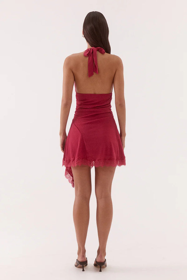 Loni Mini Dress Berry by Sovere, halter mesh mini dress with lace trim and fit and flare silhouette.