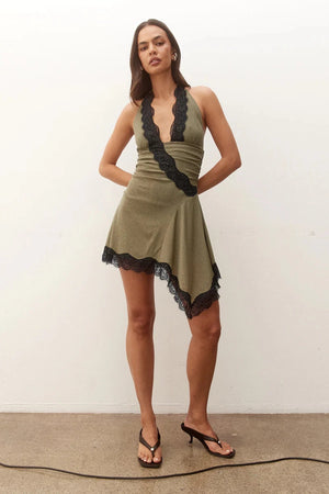 Loni Mini Dress Olive by Sovere, halter mesh mini dress with lace trim and fit and flare silhouette.