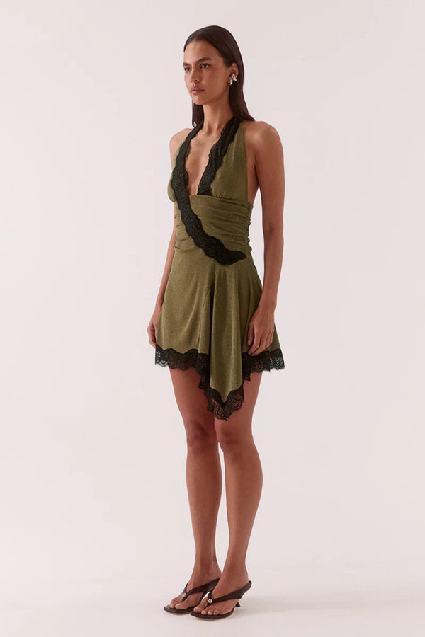 Loni Mini Dress Olive by Sovere, halter mesh mini dress with lace trim and fit and flare silhouette.