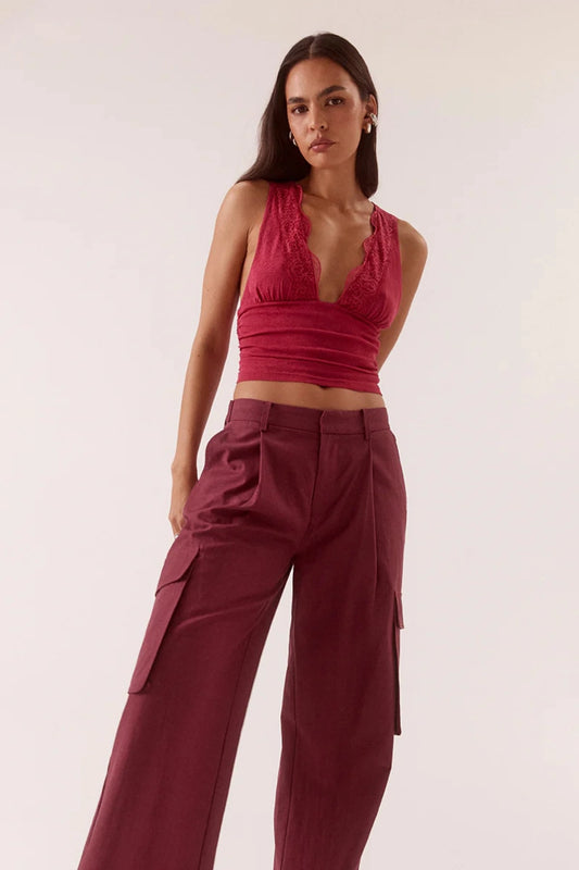 Loni Top Berry by Sovere, plunging mesh sleeveless top with lace trim for elevated evening dressing