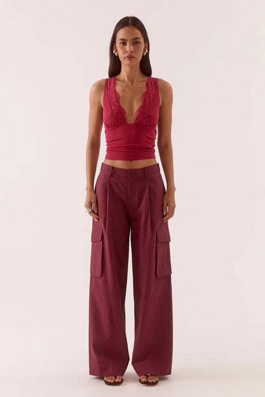 Loni Top Berry by Sovere, plunging mesh sleeveless top with lace trim for elevated evening dressing