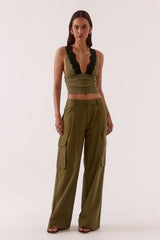 Loni Top Olive by Sovere, plunging mesh sleeveless top with lace trim for elevated evening styling