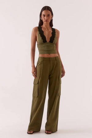 Loni Top Olive by Sovere, plunging mesh sleeveless top with lace trim for elevated evening styling