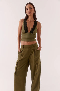 Loni Top Olive by Sovere, plunging mesh sleeveless top with lace trim for elevated evening styling.