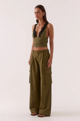 Loni Top Olive by Sovere, plunging mesh sleeveless top with lace trim for elevated evening styling.