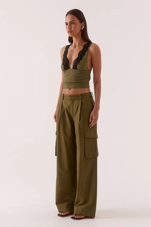 Loni Top Olive by Sovere, plunging mesh sleeveless top with lace trim for elevated evening styling.