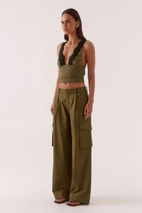 Loni Top Olive by Sovere, plunging mesh sleeveless top with lace trim for elevated evening styling.