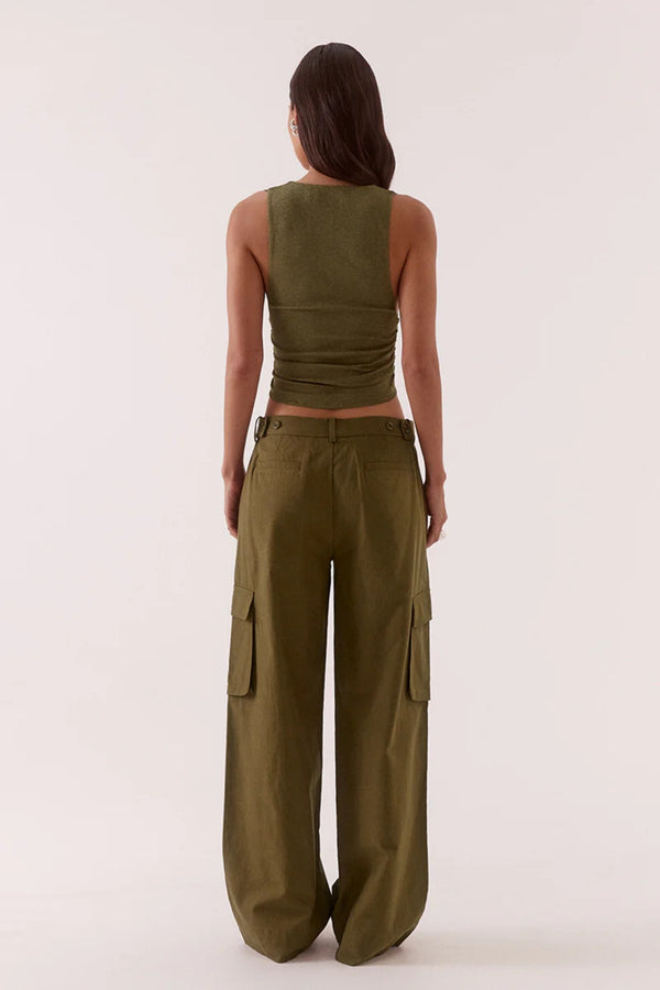 Loni Top Olive by Sovere, plunging mesh sleeveless top with lace trim for elevated evening styling.