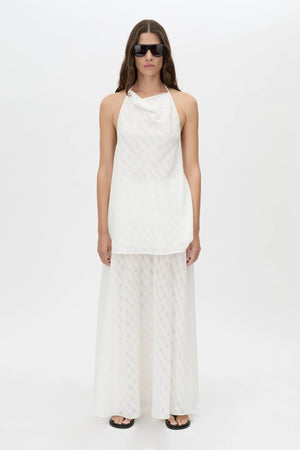 Louise Handkerchief Top by Camilla and Marc – a soft white sheer check halter top with a draped cowl neckline, perfect for light elegant styling.