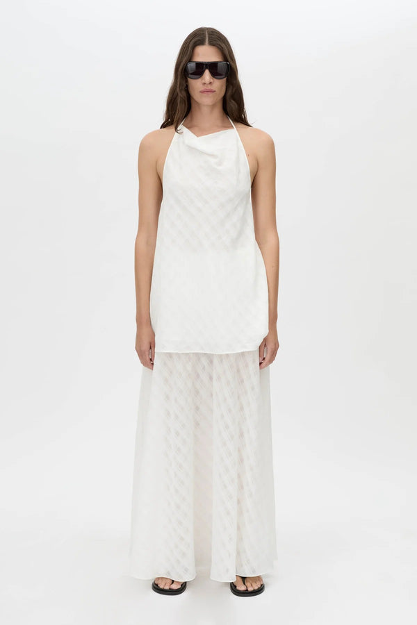 Louise Handkerchief Top by Camilla and Marc – a soft white sheer check halter top with a draped cowl neckline, perfect for light elegant styling.