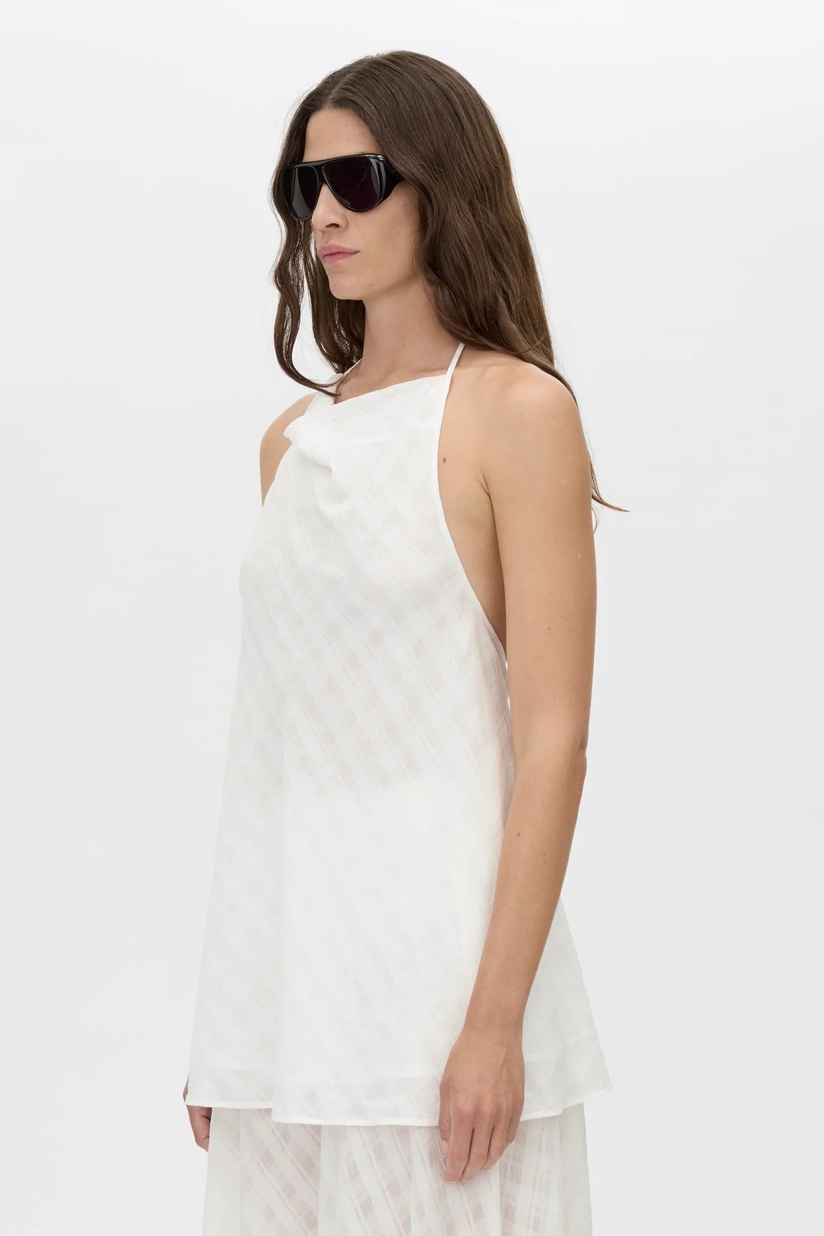 Louise Handkerchief Top by Camilla and Marc – a soft white sheer check halter top with a draped cowl neckline, perfect for light elegant styling.