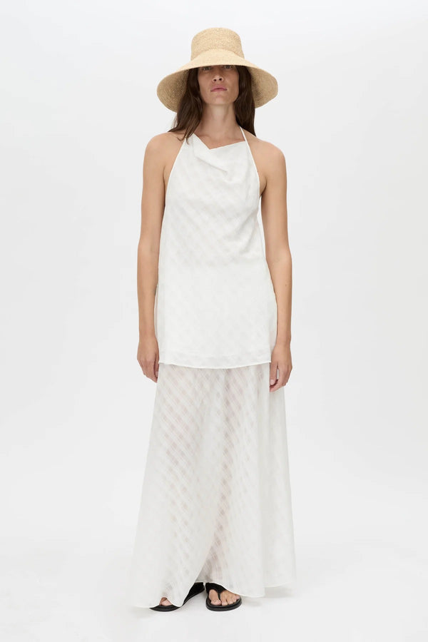Louise Handkerchief Top by Camilla and Marc – a soft white sheer check halter top with a draped cowl neckline, perfect for light elegant styling.