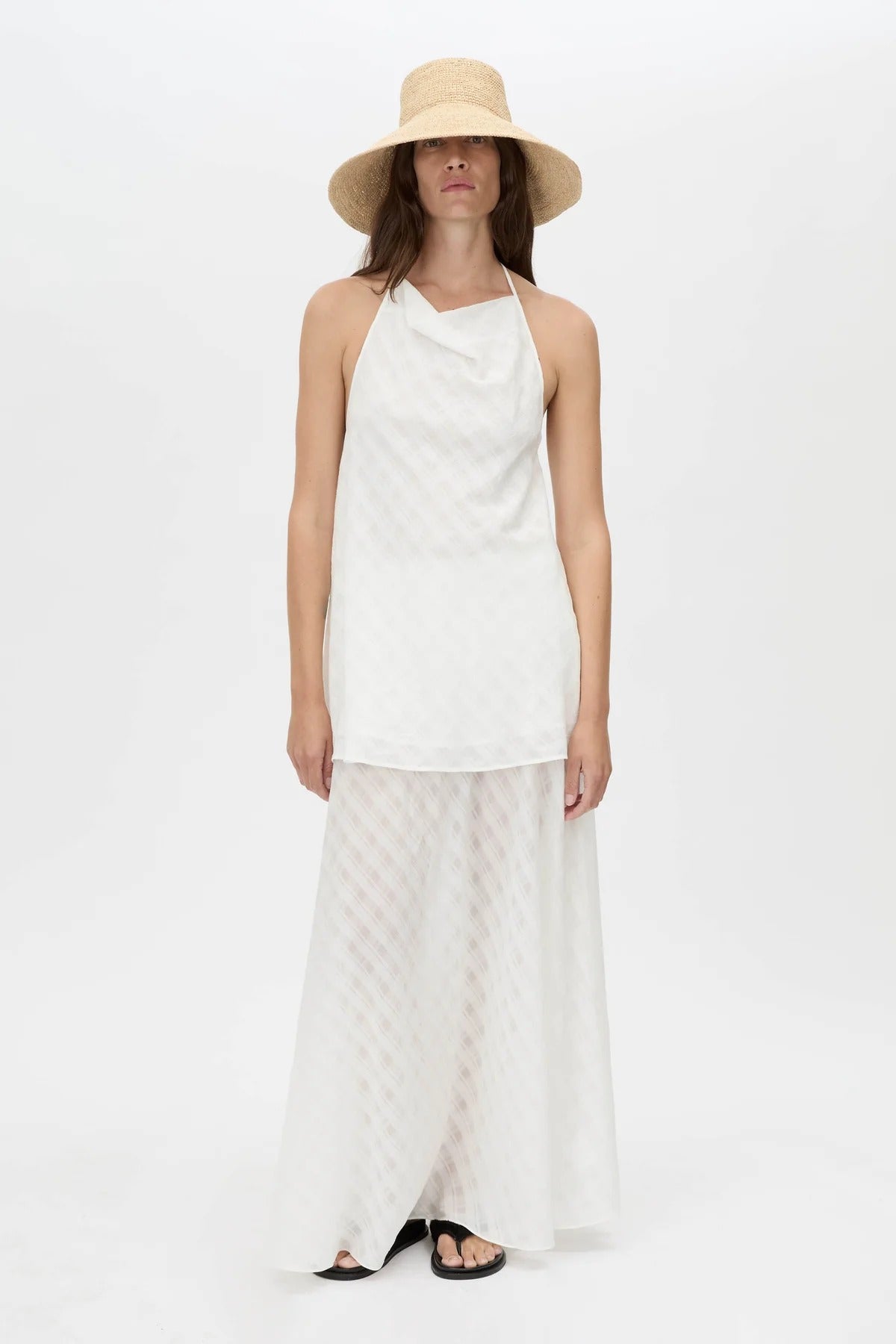 Louise Handkerchief Top by Camilla and Marc – a soft white sheer check halter top with a draped cowl neckline, perfect for light elegant styling.