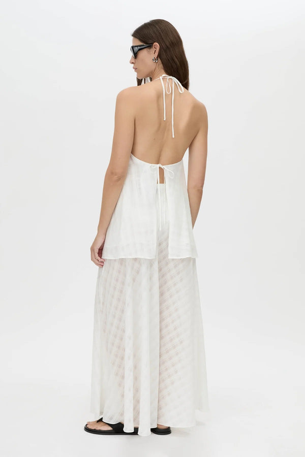 Louise Handkerchief Top by Camilla and Marc – a soft white sheer check halter top with a draped cowl neckline, perfect for light elegant styling.