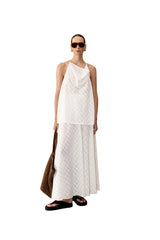 Louise Handkerchief Top by Camilla and Marc – a soft white sheer check halter top with a draped cowl neckline, perfect for light elegant styling.